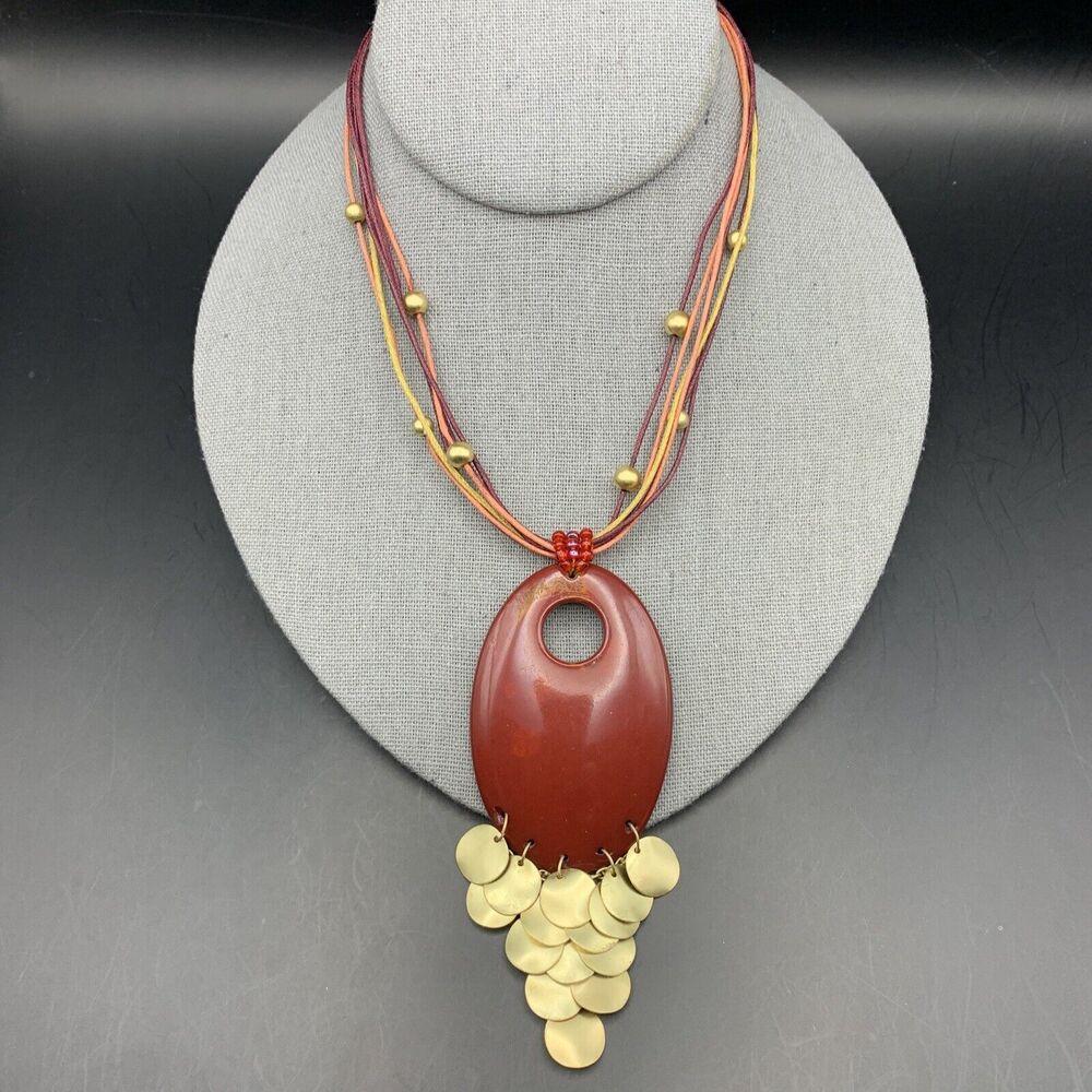 You and I Necklace Boho Matte Gold Tone Waterfall Red Plastic Statement